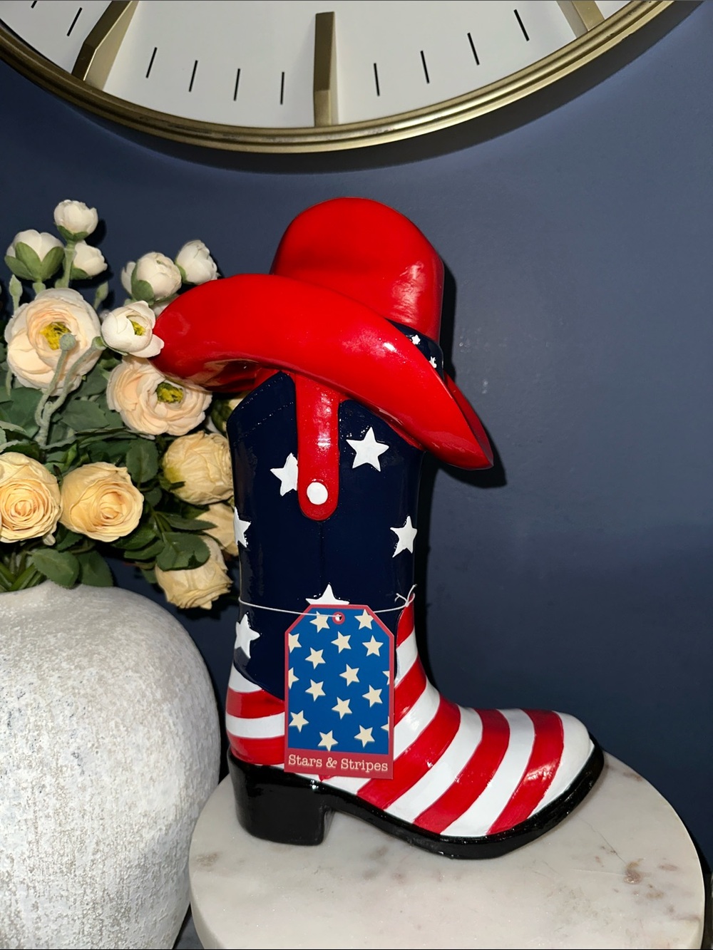 Patriotic Stars & Stripes Cowboy Boot Figurine - Red, White & Blue